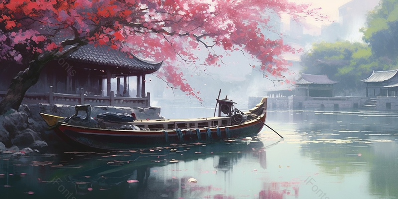 唯美红枫游船花插画背景,插画/手绘图,插画/手绘图库,插画/手绘图下载,插画/手绘